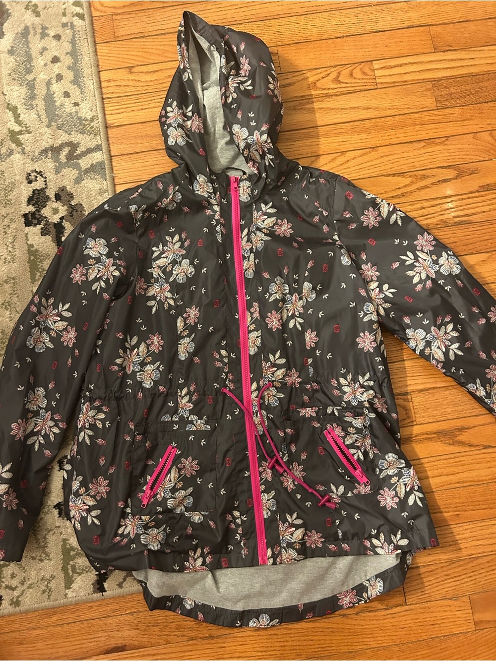 Mossimo Supply Co. Black Floral Hooded Rain Jacket with Pink Trim